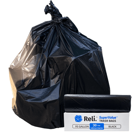 reli. 95 gallon trash bags heavy duty black garbage bags, drum liners 95 gallon (30 bags)