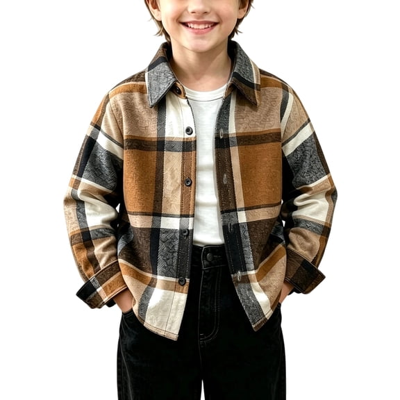 OGLCCG Boys Long Sleeve Flannel Plaid Shirt Button Collard Down Shirts Jacket Soft Comfortable Fall Clothes(C,7-8Years)