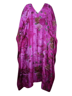 Mogul Women Bohemian Caftan Dress Pink Rose Print Kaftan Recycled Sari Draw String Resortwear Coverup Maxi Dress 2XL