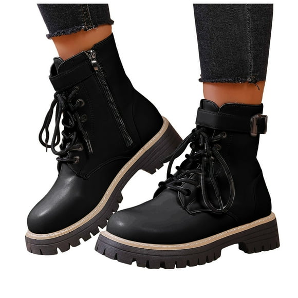 Rokment Chunky Combat Boots for Women with Thin Plush Lined Winter Warm Fashion Casual Platform Non Slip Chunky Mid Heel Riding Ankle Booties