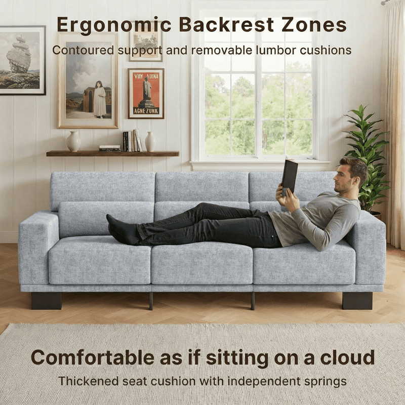 89”Chenille Upholstered 3-Seat Couch, Stylish Modern Design with Broad Armrests & Thick Cushions, Perfect for Home, Apartment & Living Area,Light Grey