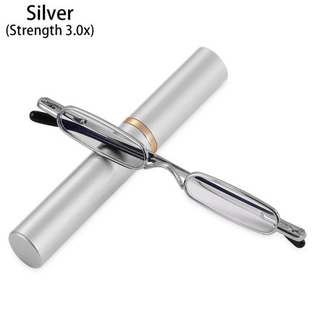 Mini Eyeglasses Spring Hinged Men Women Slim Reading Glasses Slim Pen Reading Glasses Readers with Pen Clip Tube Case SILVER STRENGTH 3.0X