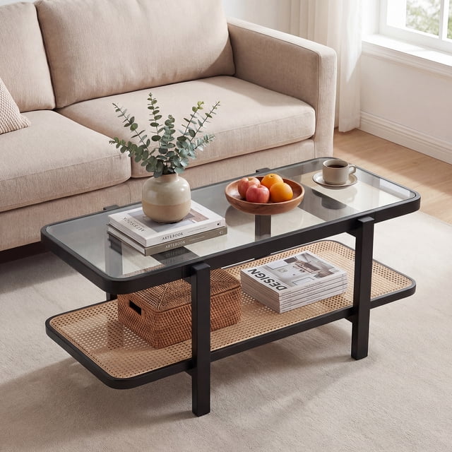 Costway 2-Tier Coffee Table with Storage, Tempered Glass Top, PE Rattan Shelf & Wood Frame Black & Natural