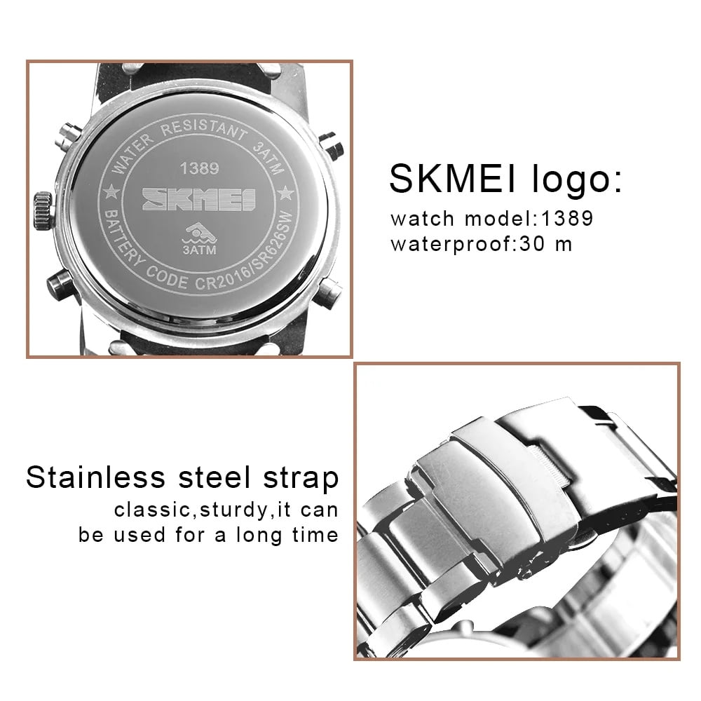 SKMEI Mens Wrist Watch, Waterproof Military Analog Digital Watches with LED Multi Time Chronograph, Stainless Steel Business Quartz Watches for Men