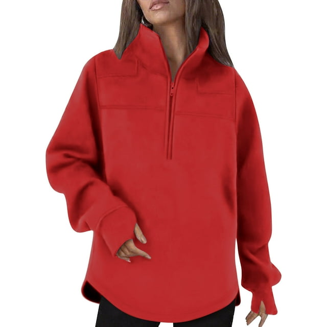 Dagegui Chandails à Fermeture Éclair 1/4 pour Femmes en Molleton à Manches Longues avec Col à Revers, Tuniques d'Hiver avec Trous pour les Pouces Rouge P
