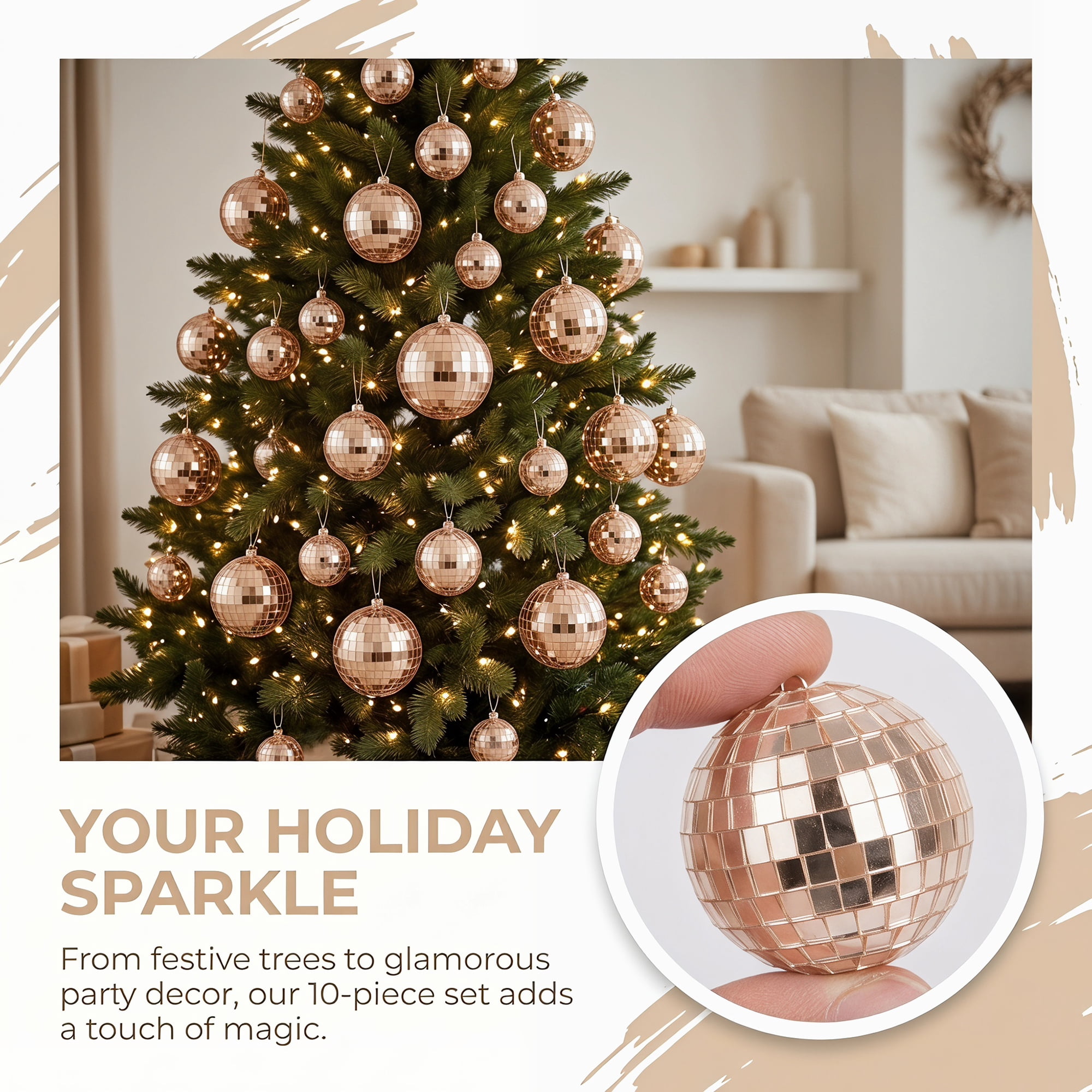 Unique Bargains 10Pcs Mirror Disco Balls for Hanging Sphere Orbs Beige 1.6"x1.6"x1.6"