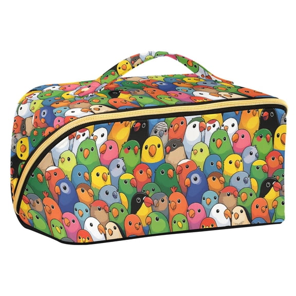 FORMRS Makeup Bag Travel Cosmetic Organizer for Women Fold Flat Zipper Pouch with Handle, Colorful Birds Pattern