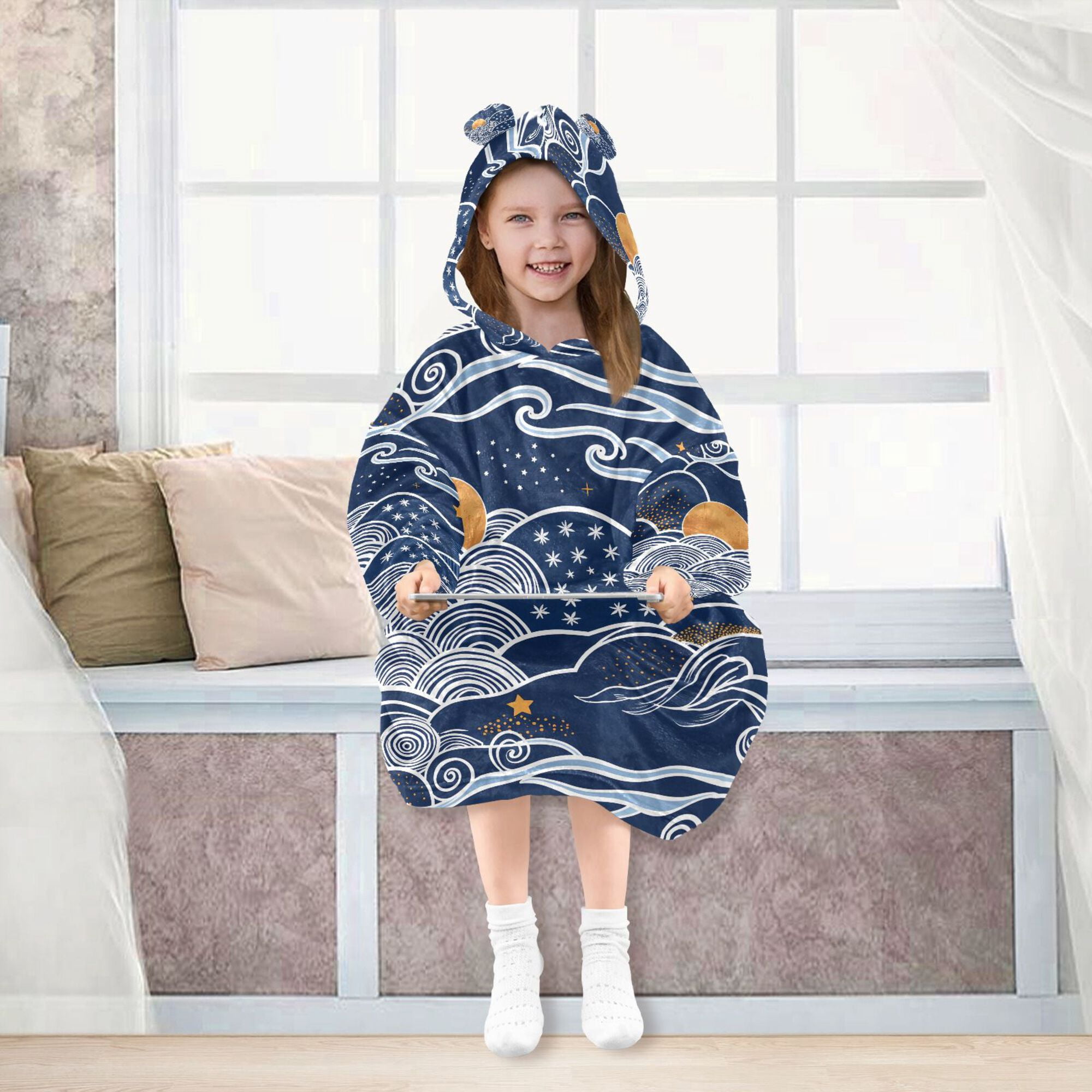 FORMRS Wearable Blanket Hoodie with Sleeves for Kids Cozy Flannel Sweatshirt, Blue Night Sky