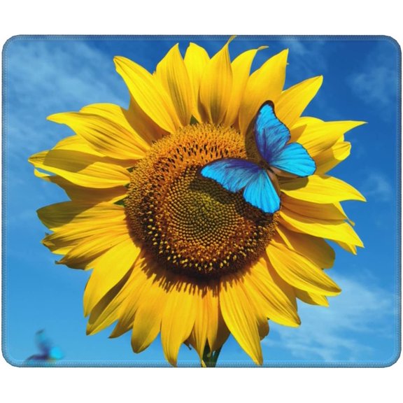 Sunflower Mouse Pad with Blue Butterfly Pattern Printed, Beautiful Yellow Floral Square Mouse Pads with Blue Background, Decorative Waterproof Non-Slip Rubber Mouse Mat for Office Laptop, 10x12 Inch