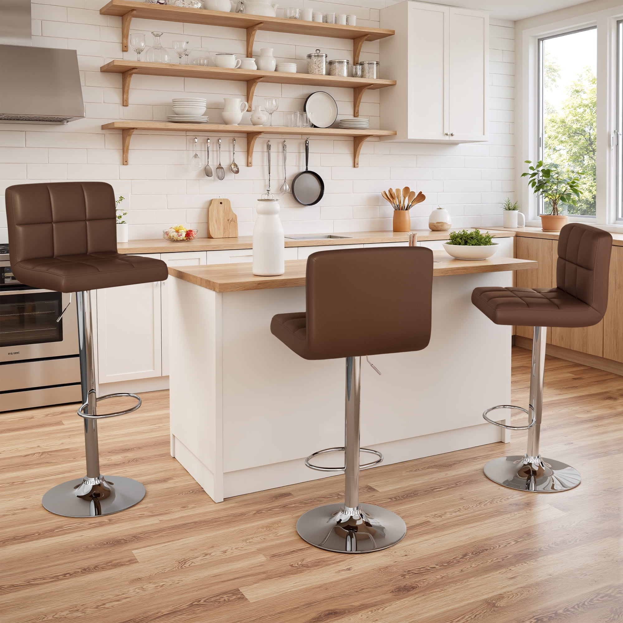 Homall Bar Stools Set of 2 PU Leather Counter Height Adjustable Swivel Barstool with Back for Kitchen, Brown