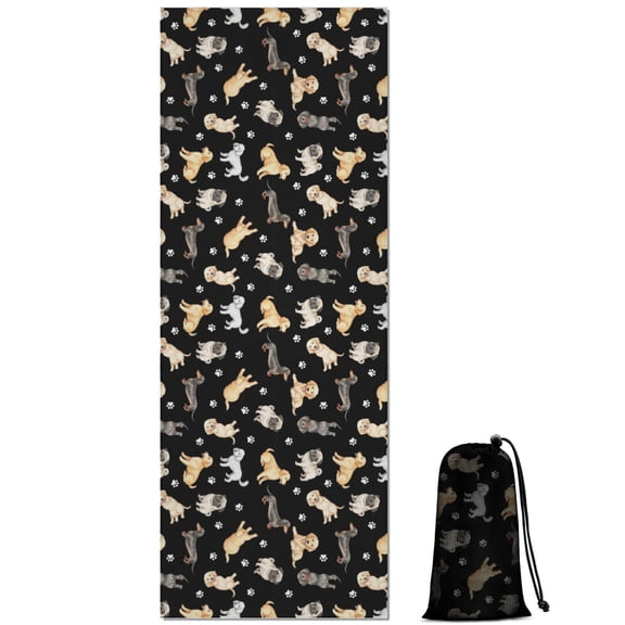 70x26 Inch Yoga Towel, Sweat Absorbent Non-Slip Mat for Hot Yoga, Pilates & Fitness,Dog Breed Paw Print Black Pattern
