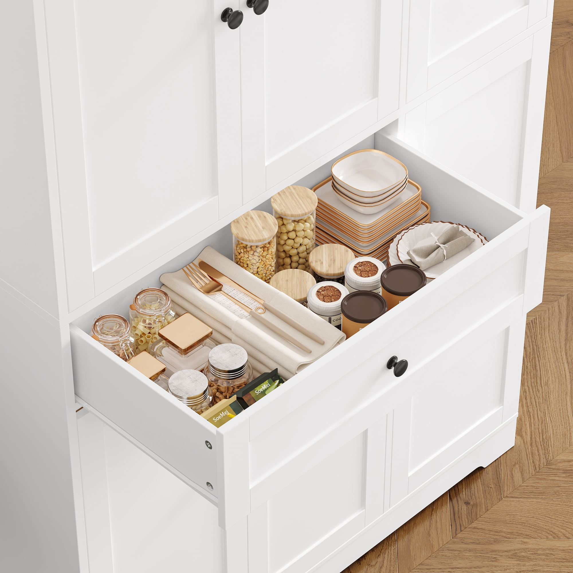 Homfa Kitchen Pantry Storage Cabinet, 68" Food Pantry Cabinet with Drawer and Door Shelf, 6 Door Freestanding Cupboard Buffet for Dining Room, White
