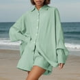 thumbnail image 3 of Women's 2 Piece Cotton Outfits, Loose Casual Long Sleeve Button Shirt and Shorts Tracksuit Beach Vacation Sets 2 Piece Outfits for Women Green XL, 3 of 7