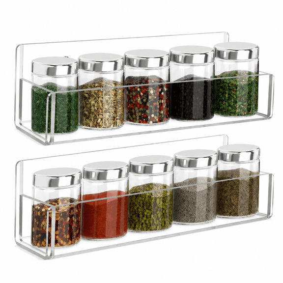2-Pack Clear Acrylic Wall-Mounted Spice Racks, Slim Seasoning Jar Organizer Shelves for Kitchen Walls, Cabinet Doors and Cupboards
