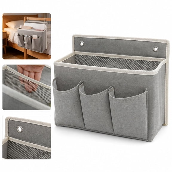 1PC Gray Canvas Bedside Caddy Hanging Storage Organizer Bag with Multiple Pockets for Bunk Bed Dorm Room Hospital Bed Rail