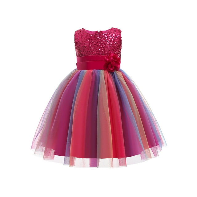 Xingqing Enfants Filles Robe Formelle Fleurs Paillettes Col Rond Robe de Princesse Sans Manches