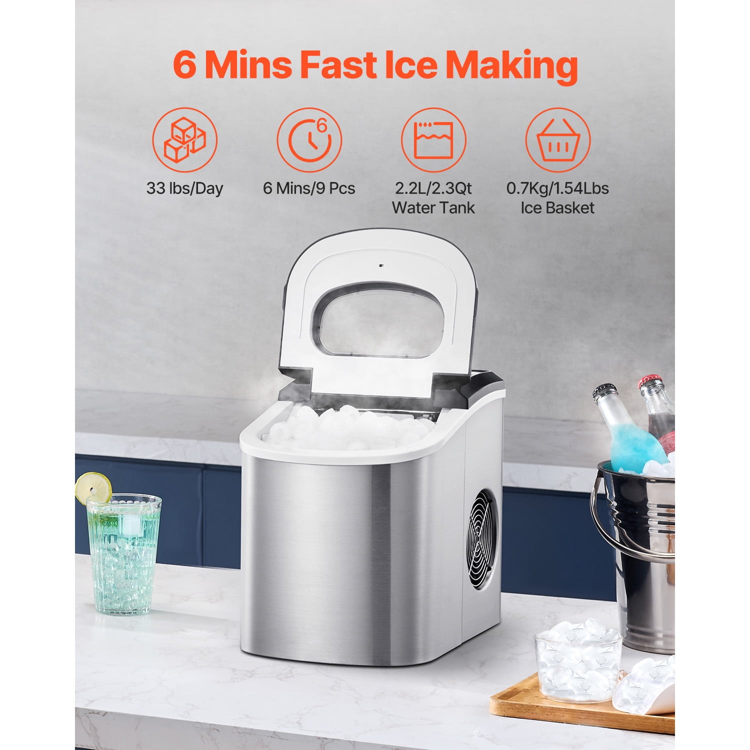KFFKFF 33lbs/DAY Countertop Ice Maker Self-Cleaning 9 Ice Pieces in 6 Minutes Ice Maker with Ice Scoop and Basket 2 Sizes Bullet Ice