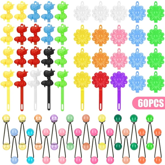 TSV 60pcs Self Hinge Hair Barrettes for Girls, Plastic Flower Bow Hair Pins, Elastic Ball Hair Ties, Random Colors