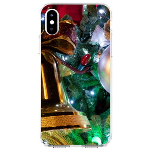 DistinctInk Clear Shockproof Hybrid Case for iPhone X / XS (5.8" Screen) - TPU Bumper, Acrylic Back, Tempered Glass Screen Protector - Christmas Ornaments Bell - Christmas All Year