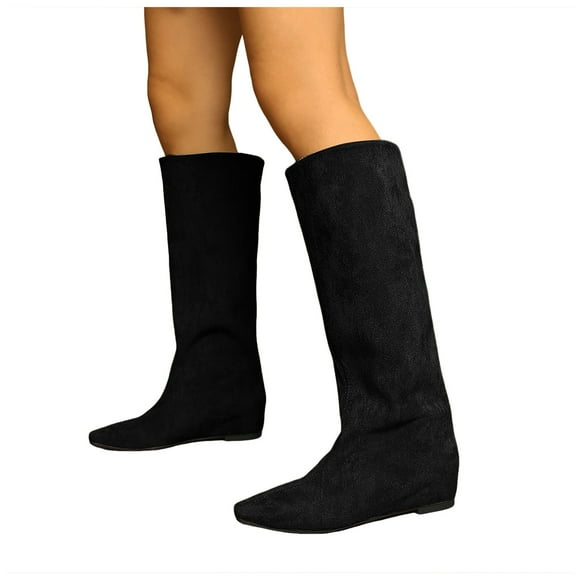 Dakaela Knee High Boots Women Square Toe Wedge Fashion Tall Boot Wide Calf Pull on Dressy Work Flat Riding Shoes