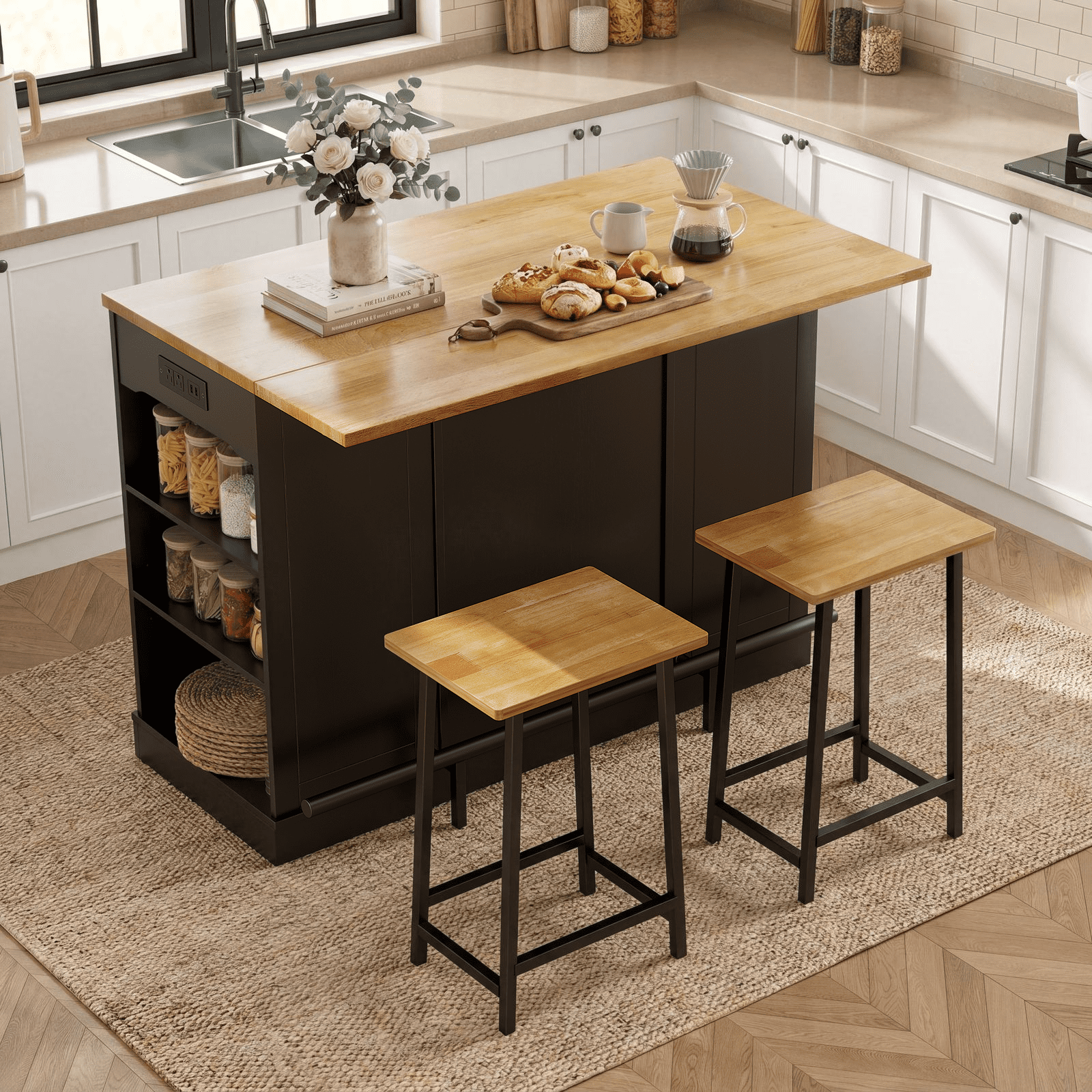 ROGALIS 47"Kitchen Island with 2 Chair, Stationary Island Table with Power Outlet, USB Ports, Spice Rack, Trash Cabinet, and Foldable Drop Leaf for Home Bar or Dining Room,Black