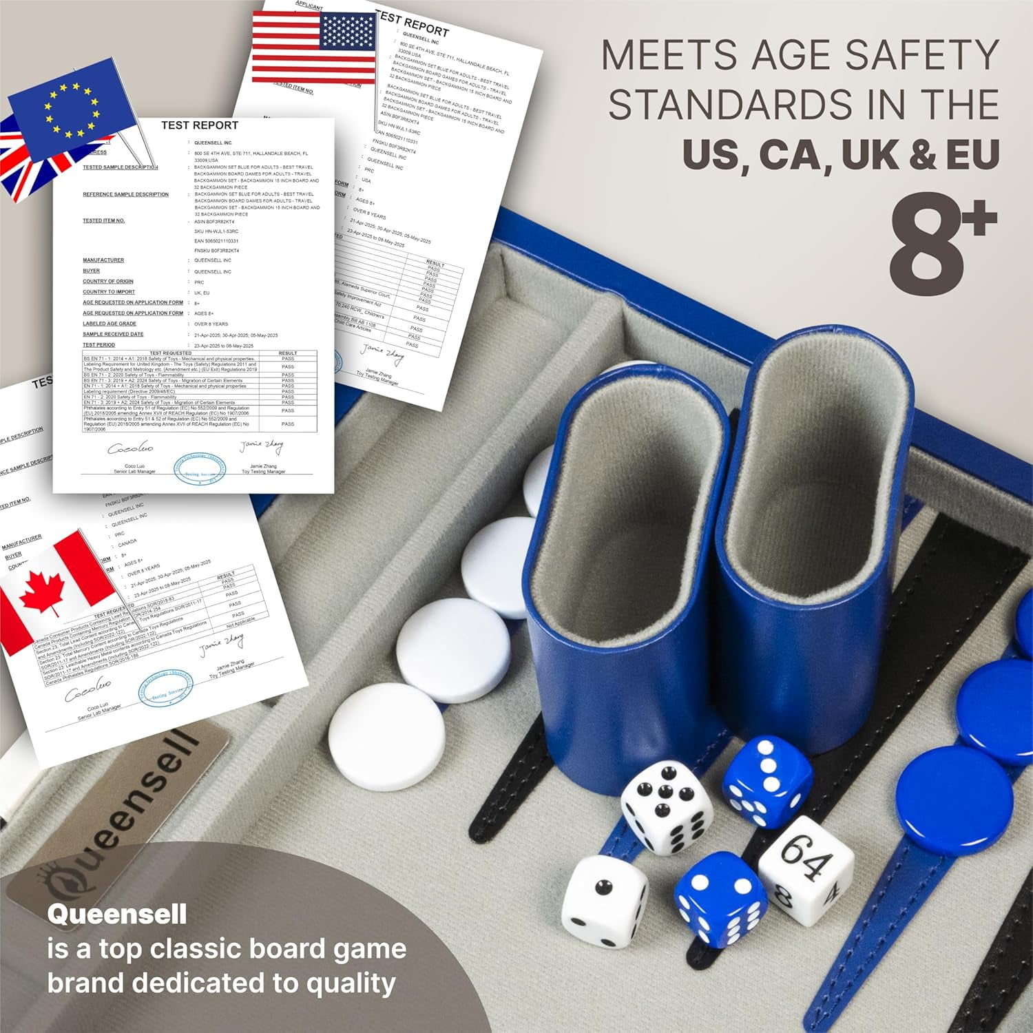 Queensell Backgammon Board Game Set – 15 inch Blue PU Leather for Adults