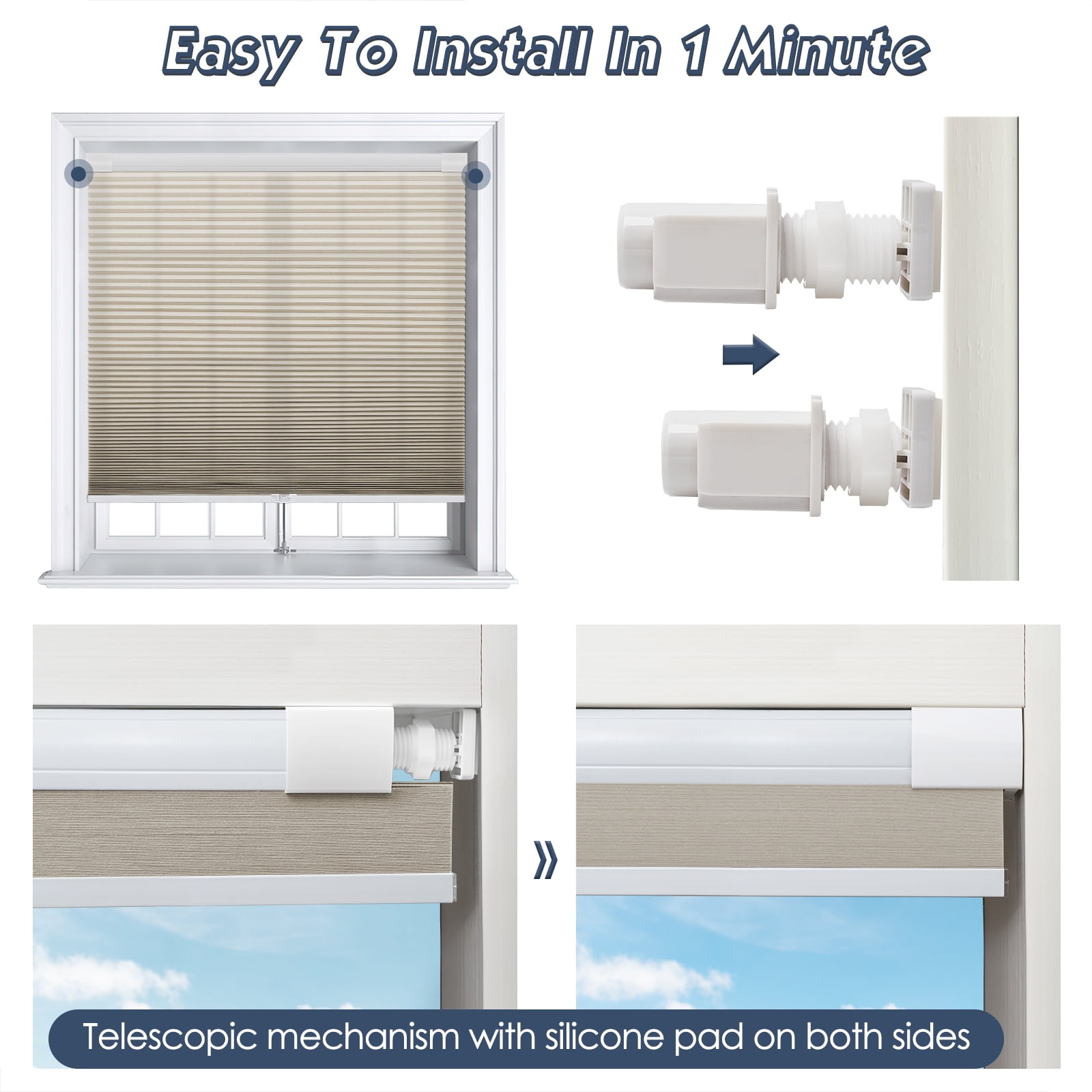 Keego No Drilling Cordless Cellular Shades Honeycomb Window Blinds Easy Installation Heat Insulating Noise Reducing Curtains Semi-Blackout Sand, 35.0"w x 60"h
