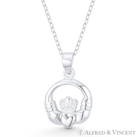 Irish Claddagh & Heart Celtic Luck Charm w/ Chain Necklace in .925 Sterling Silver