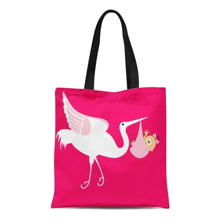 Girl Stork Birth Announcement SIDONKU Canvas Tote Bag Announcement Stork Baby Girl Birth Beak Beginnings Bird Bees Durable Reusable Shopping Shoulder Grocery Bag ()