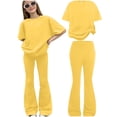 thumbnail image 2 of YMNXA Kids Girls Two Piece Outfit Short Sleeve Round Neck Solid Color Top And Flared Pants Fashion Breathable Sets For Everyday Wear,Yellow,10-11 Years, 2 of 4