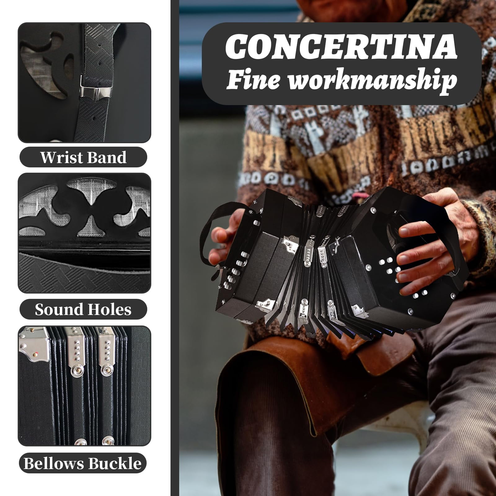 Concertinas,20-Key Accordion for Adults, Professional Accordion for Beginners, Adjustable Hand Straps, Instrument Accessories (Black)