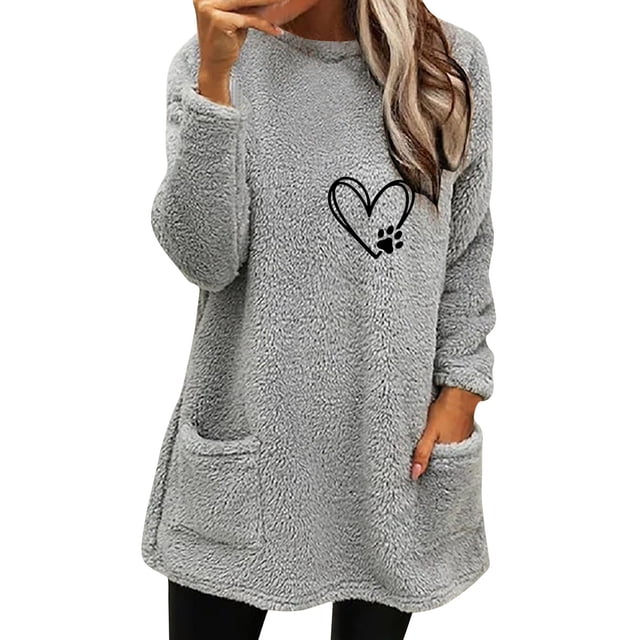 Qertyioot Hauts Grande Taille pour Femmes, Blouse à Col Rond et Imprimé d'Hiver Ample avec Poche Manches Longues