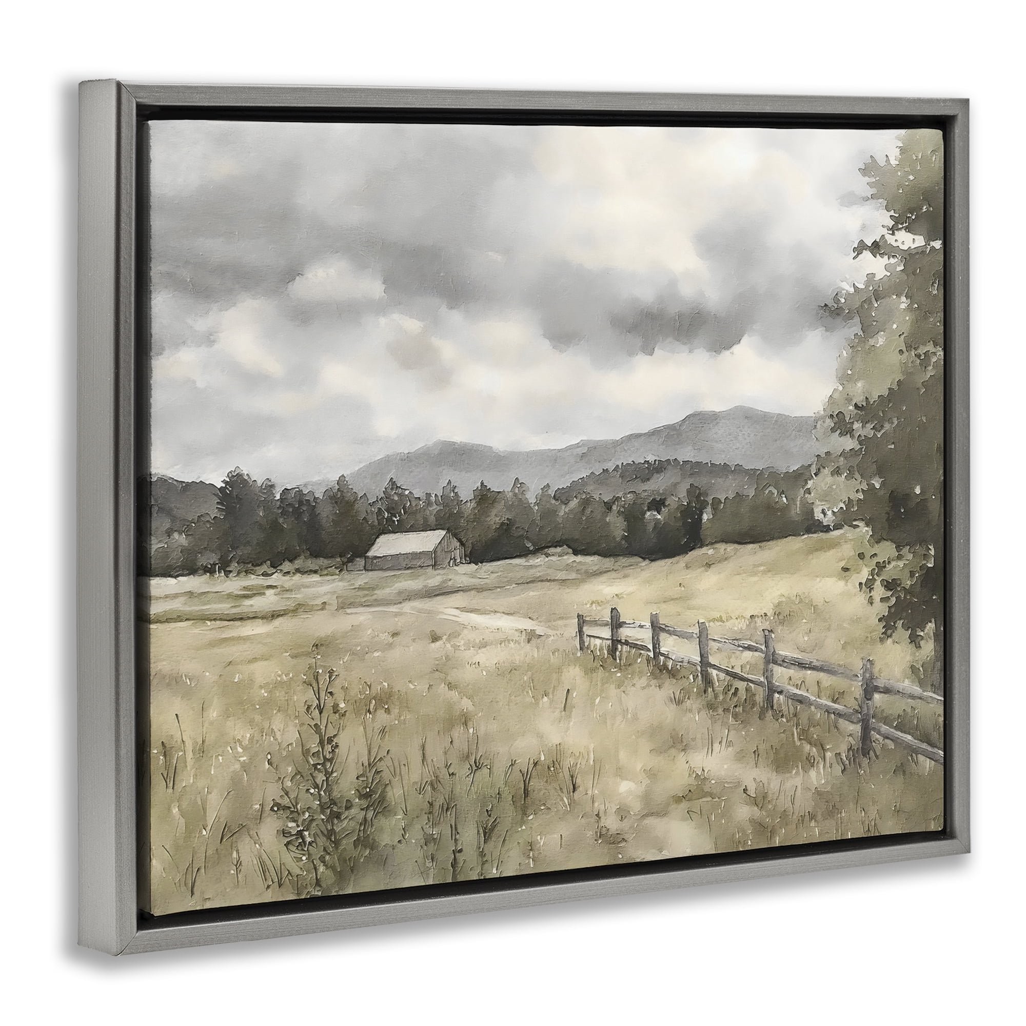 Stupell Industries Muted Valley Cottage Gray Framed Floater Canvas Wall Art, design by Riley B