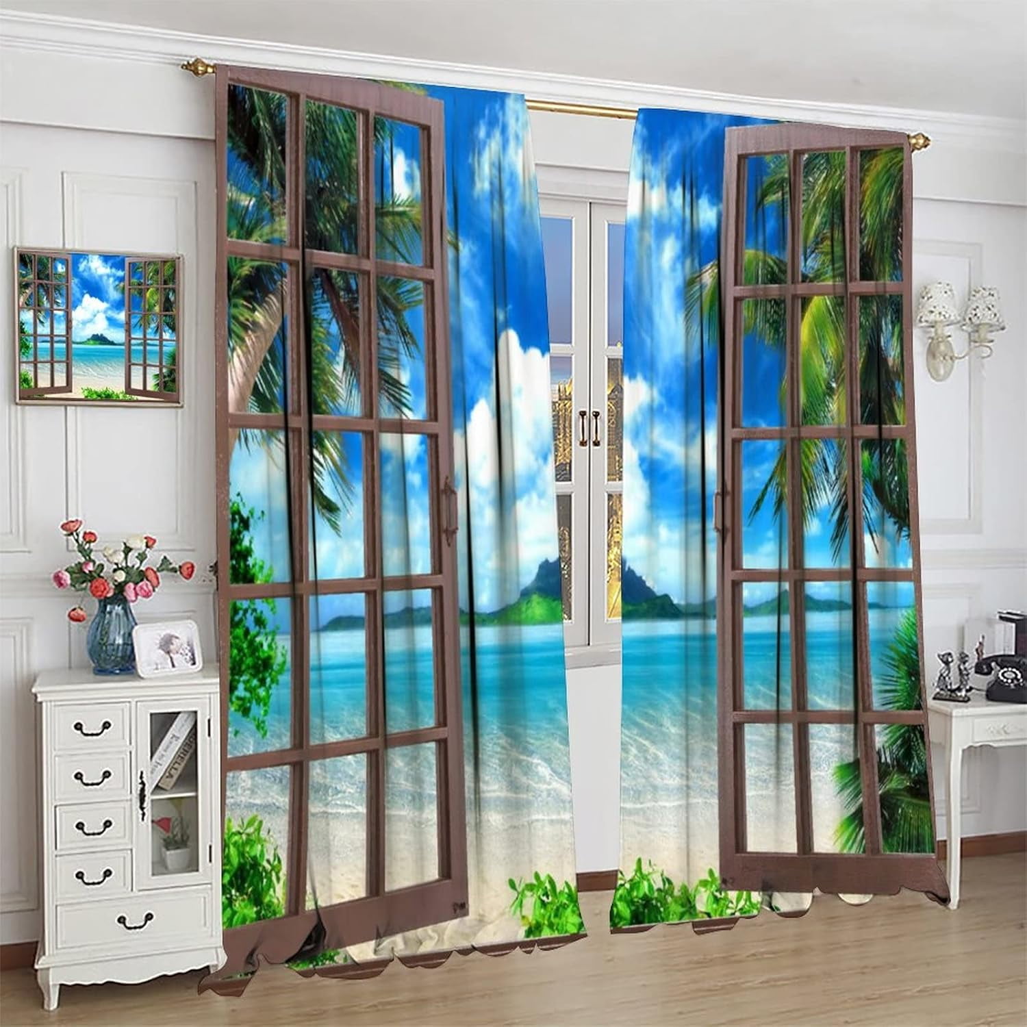 Landscape Blackout Curtains, Window Outside Summer Tropical Beach Island, for Bedroom Living Room, 2 Panel Set, 84x84 Inches, Style-1