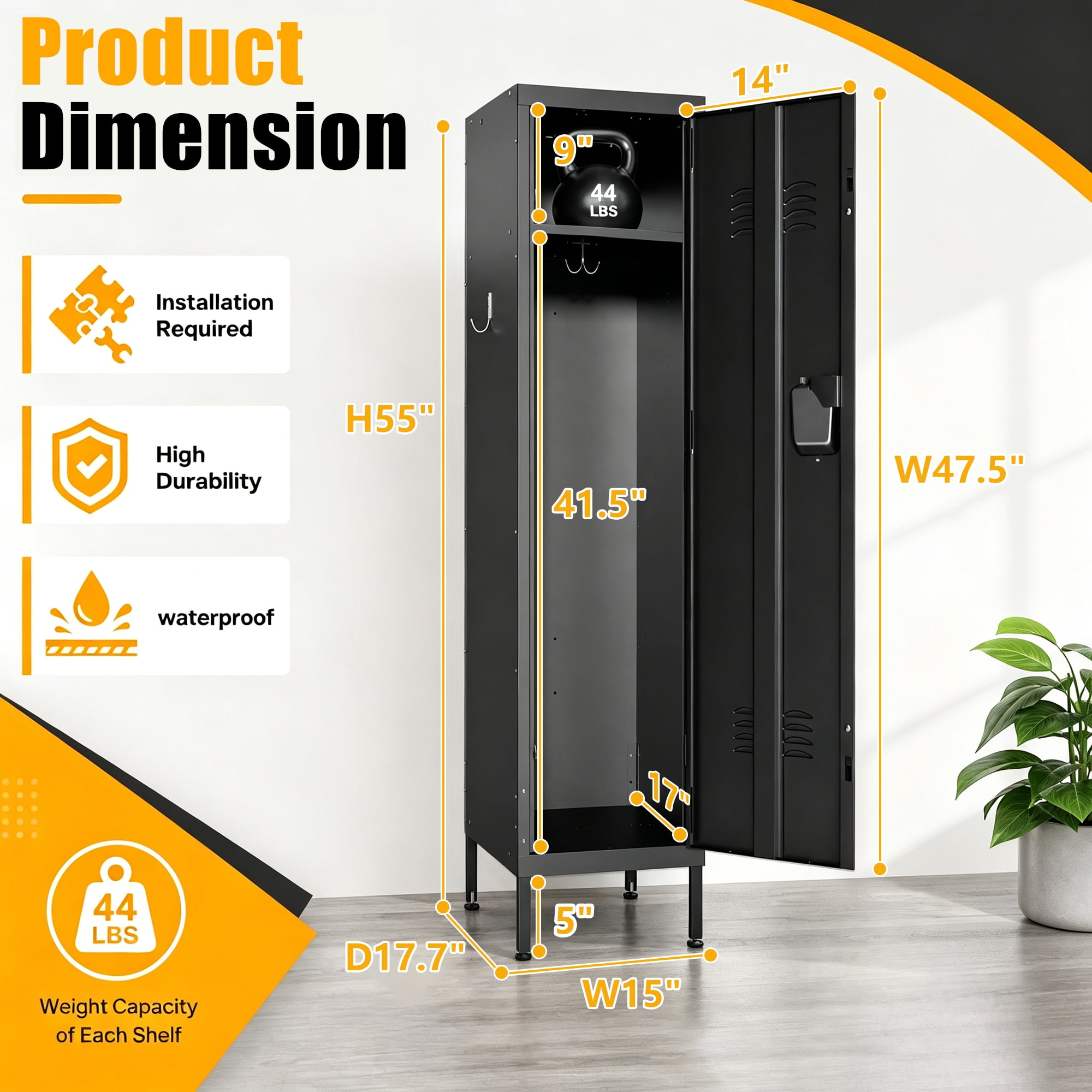 HOQBN 55" Tall Metal Wardrobe Cabinet,Waterproof Steel Clothing Storage Locker with Ventilated Door,Lock & Side Hooks,Vertical Bedroom Wardrobe for Small Apartment Home Office,Black