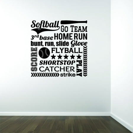 Custom Wall Decal : Softball Go Team 3rd Base Home Run Bunt, Run, Slide Glove Score Flyball Shortstop Catcher Play Strike Sport Quote