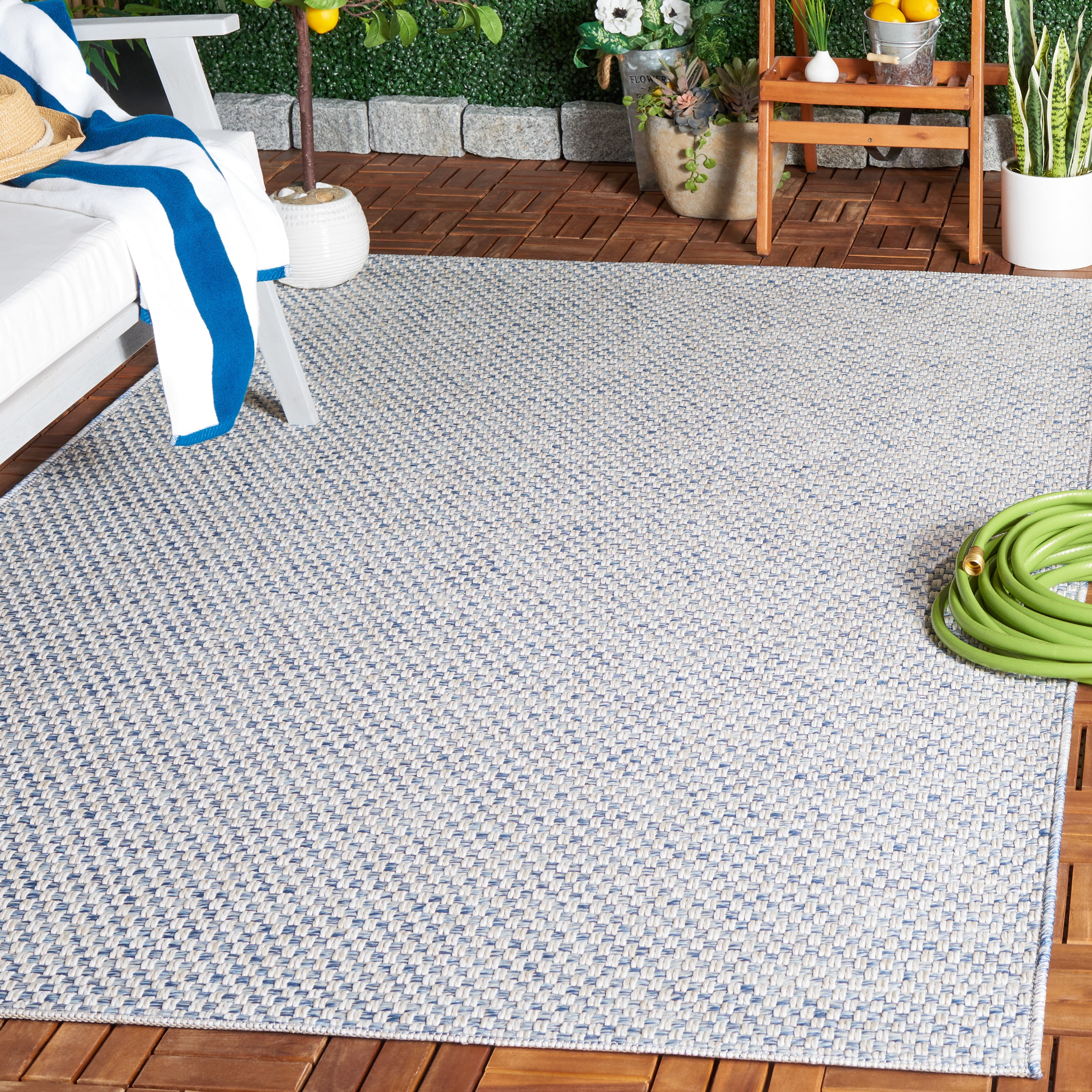 SAFAVIEH Sisal All-Weather Delroy Solid Indoor/Outdoor Area Rug, Blue/Ivory, 6'7" x 6'7" Square