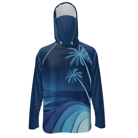 Bulopur Palm Tree Men’s UPF 50  Sun Protection Hoodie Shirt Long Sleeve Fishing Rash Guard with Breathable Face Mask Quick Dry Lightweight UV Top