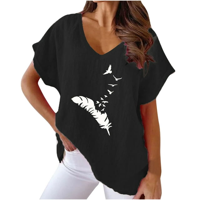Hauts d'Été pour Femmes Col en V Imprimé Coton Lin Manches Courtes T-Shirts Décontractés Légers Blouse Habillée