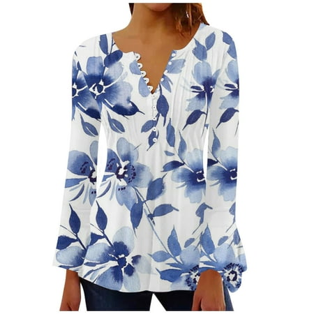 

Airpow Womens Tops Casual Women s Casual Trumpet Long Sleeve Printed Buttoned Basic Ruched Corset Tunic Tops Pleated T-shirts Blouses Black Top Clearance Items