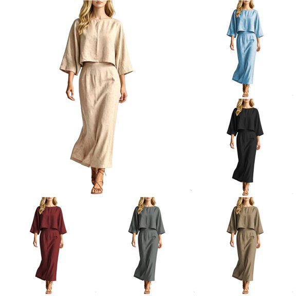 XIAONU Womens Two Piece Outfit Set Cropped 3/4 Sleeve Top High Waist Midi Skirt Matching Suit