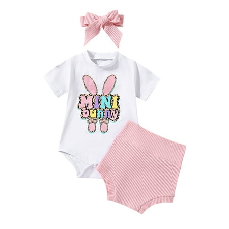

Infant Baby Girl Easter Outfits Short Sleeve Bunny Romper Ribbed Knit Shorts Headband Summer Clothes Set