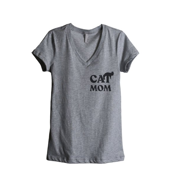 Cat Mom Women's Fashion Relaxed V-Neck T-Shirt Tee Heather Grey Large