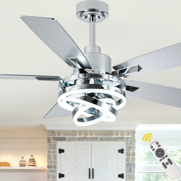 52" Silver Modern Ceiling Fan with Dimmable LED Light and Remote, 6-Speed DIY Shape Reversible DC Motor