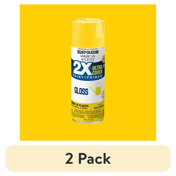 (2 pack) Sun Yellow, Rust-Oleum American Accents 2X Ultra Cover Gloss Spray Paint-327880, 12 oz