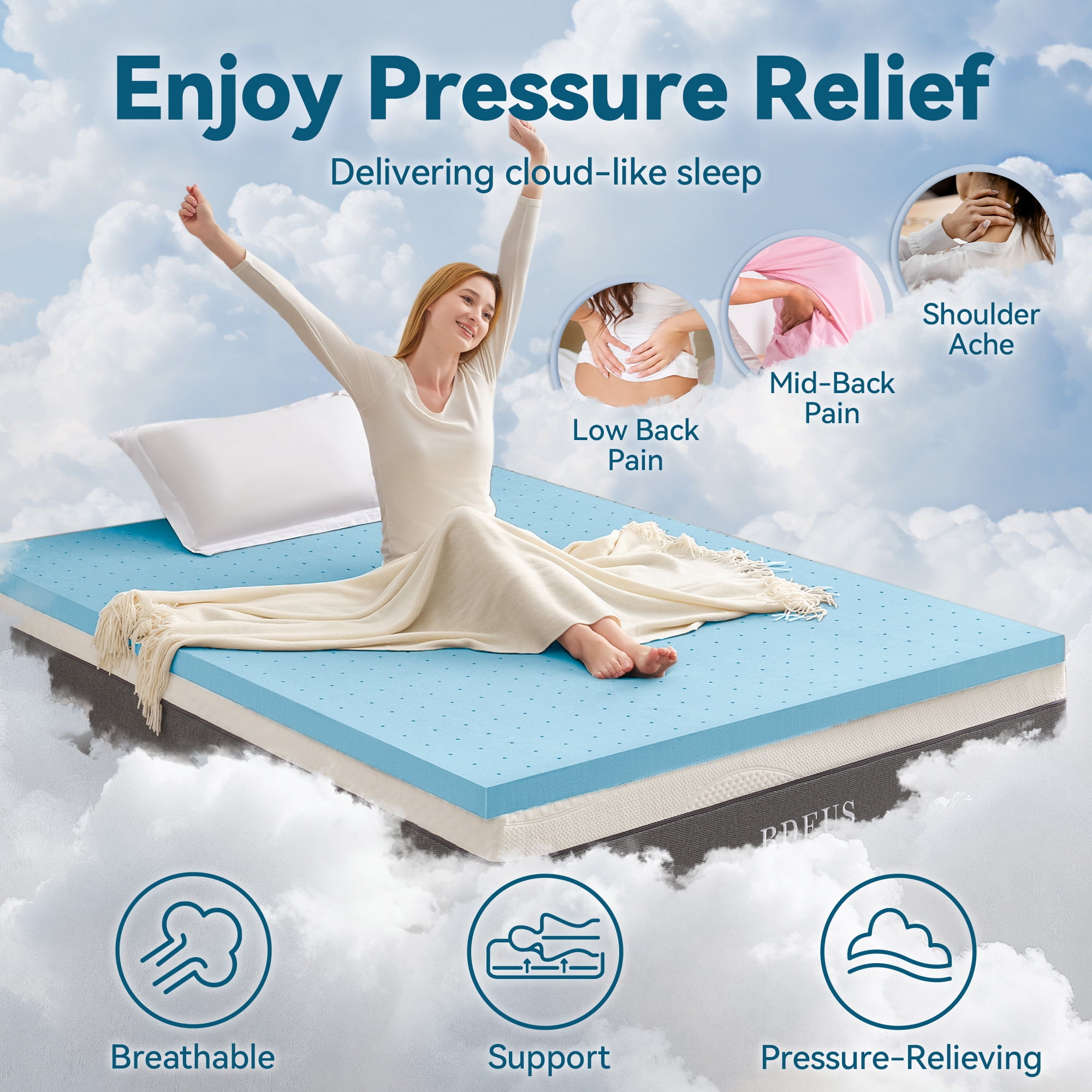 BDEUS 4 inch Mattress Topper, Cooling Gel Memory Foam Bed Topper for Pressure Relief, Twin，Blue
