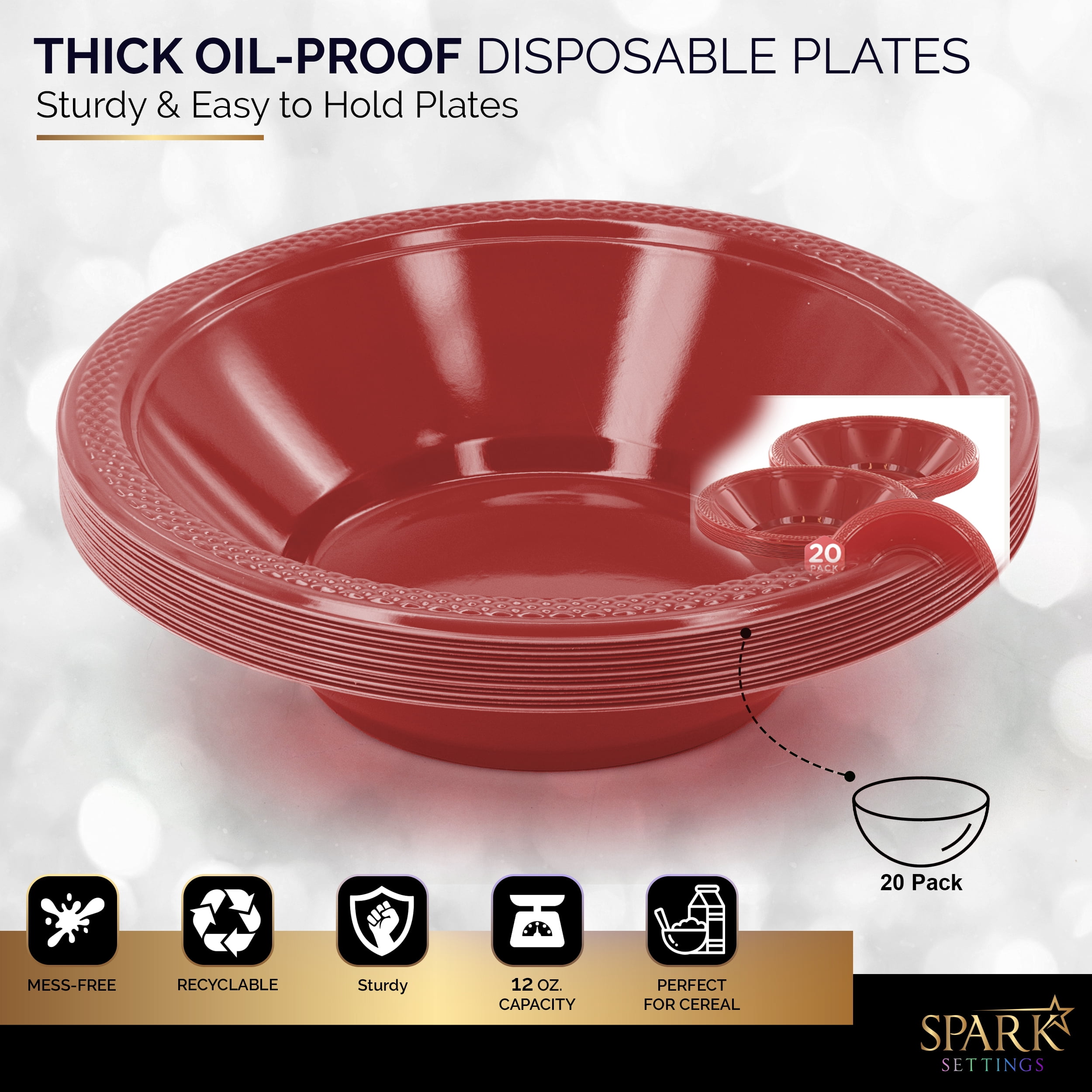 SparkSettings Disposable Plastic Bowls, 12 Oz, Pack Of 20 - Microwave Safe, Sturdy White Bowls For Cereal, Soup, Salad, Parties, Easy Clean