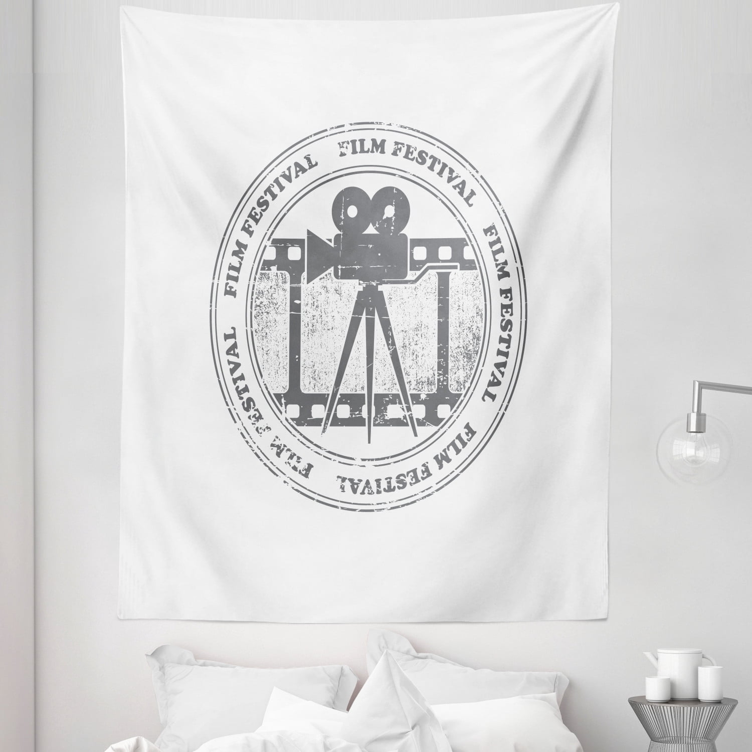 Movie Theater Tapestry, Film Festival Grungy Round Stamp with an ...