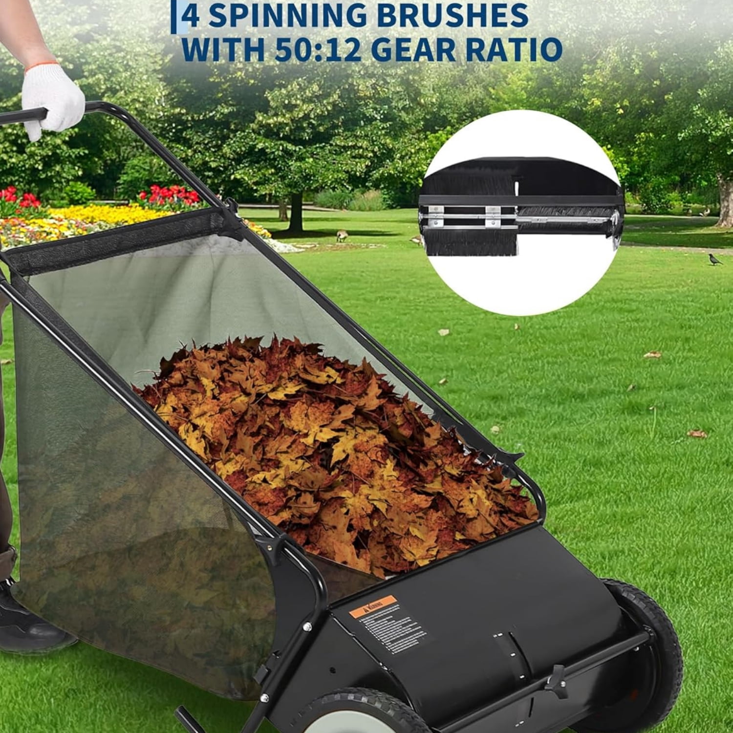 Riedhoff 26" Push Lawn Sweeper,4 Spinning Brushes, 7 Cu. Ft Capacity Collection Bag, Adjustable Height, Black