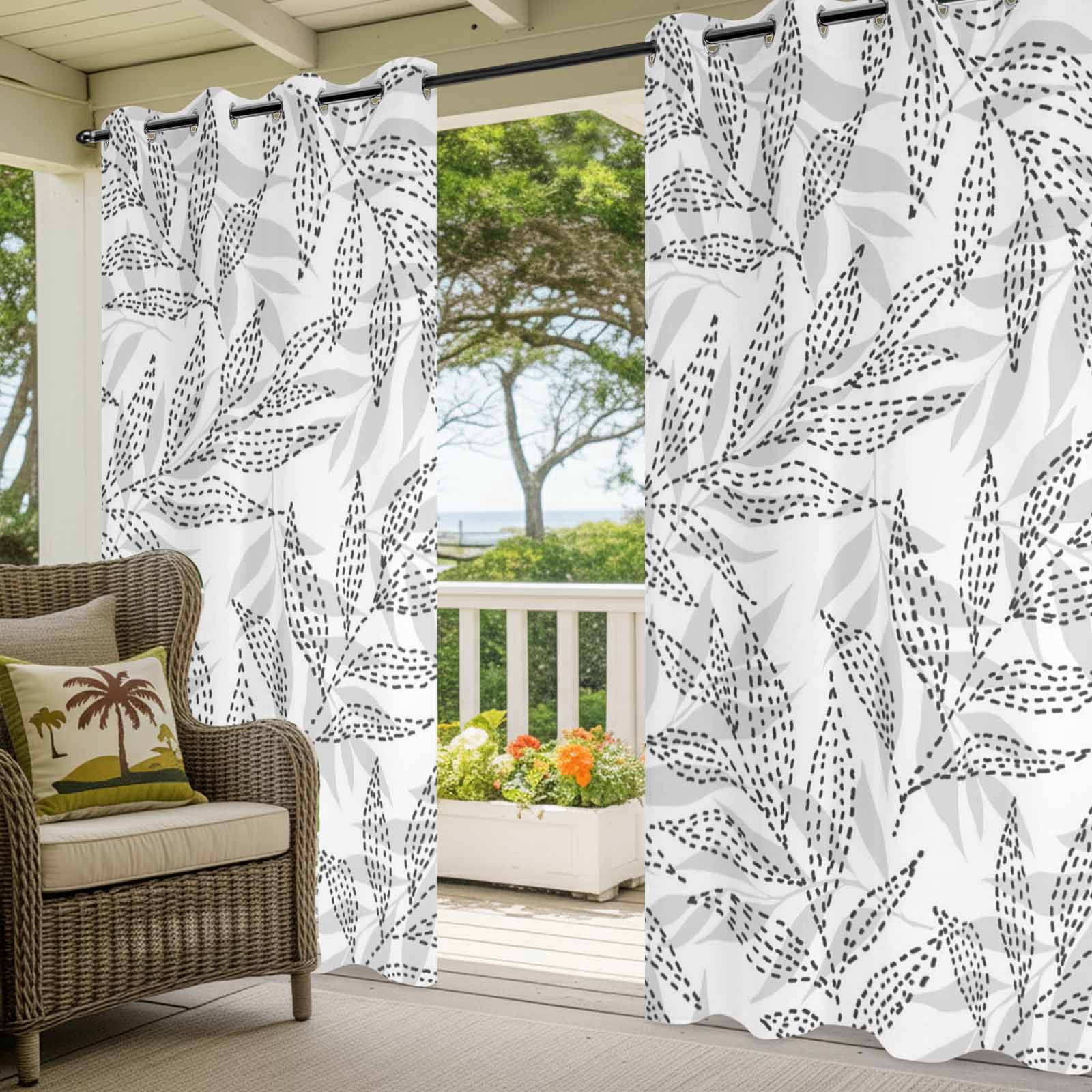 Summer Abstract Leaf Outdoor Curtains for Patio, Country Farm Tropical Grey Leaves Sketch Style Sunshade Privacy Drapes Grommet Waterproof Outside Curtains for Porch/Cabana/Balcony 54"x 108", 1 Panel